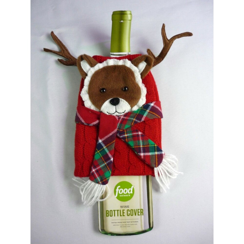 Kohl's Food Network Reindeer Wine Cover Red Sweater Plaid Scarf Gift Decoration